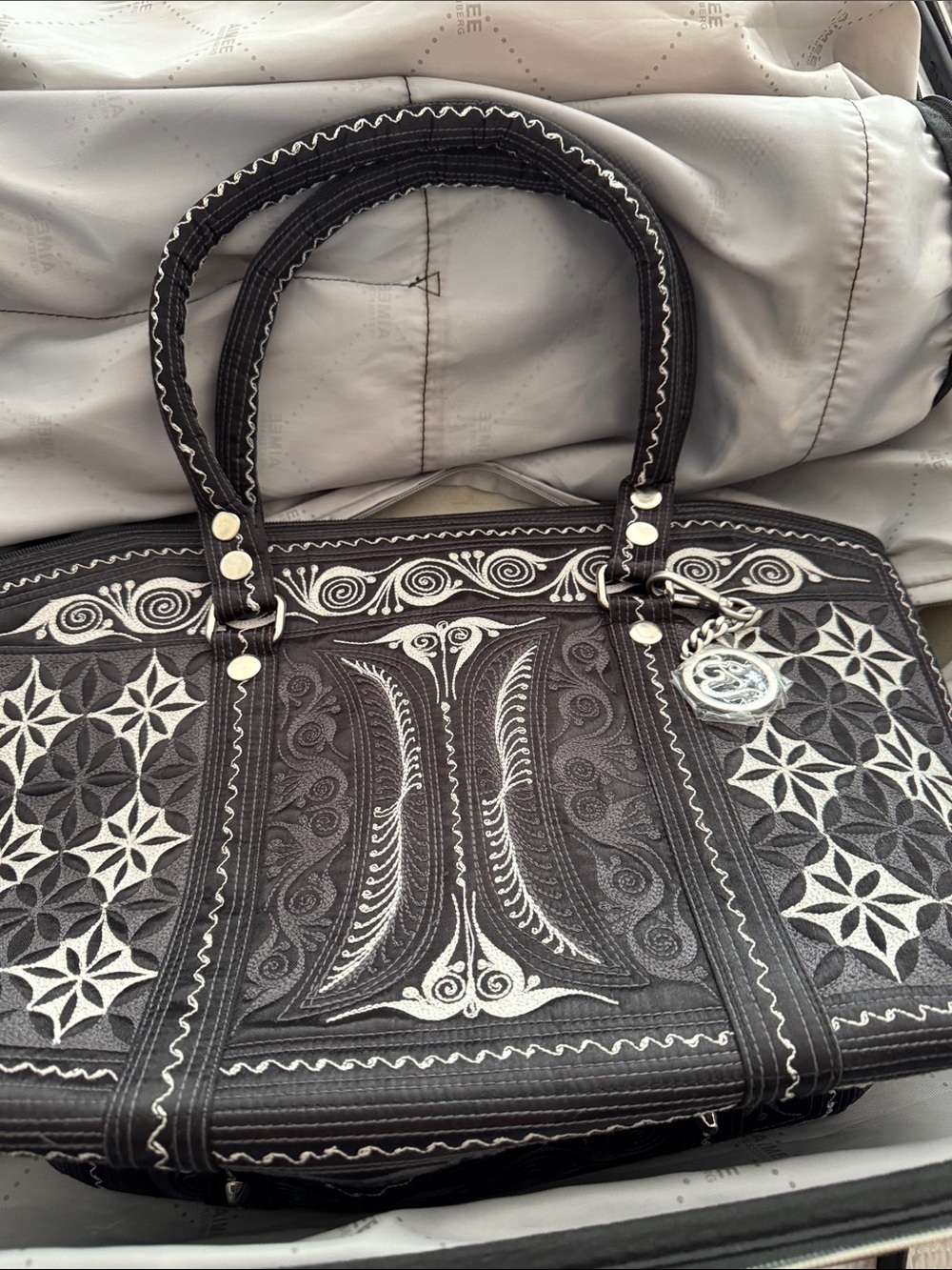 Black Embroidered Tote Bag with White Detailing